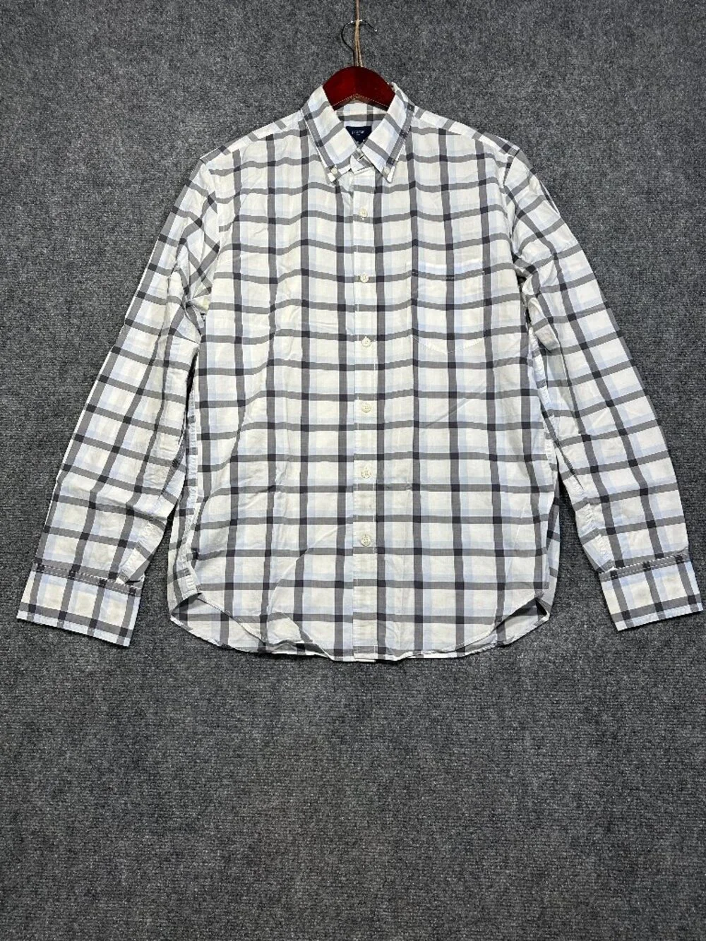 J Crew Shirt Mens Medium Button Down Blue Gray Cotton Plaid Long Sleeve Pocket